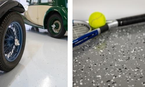 Terrazzo Look Flake Flooring with Chris White base and Ashy Grey Flake (L) and Terrazzo Look Flake Flooring with Trunk Grey base and Ashy Grey Flake