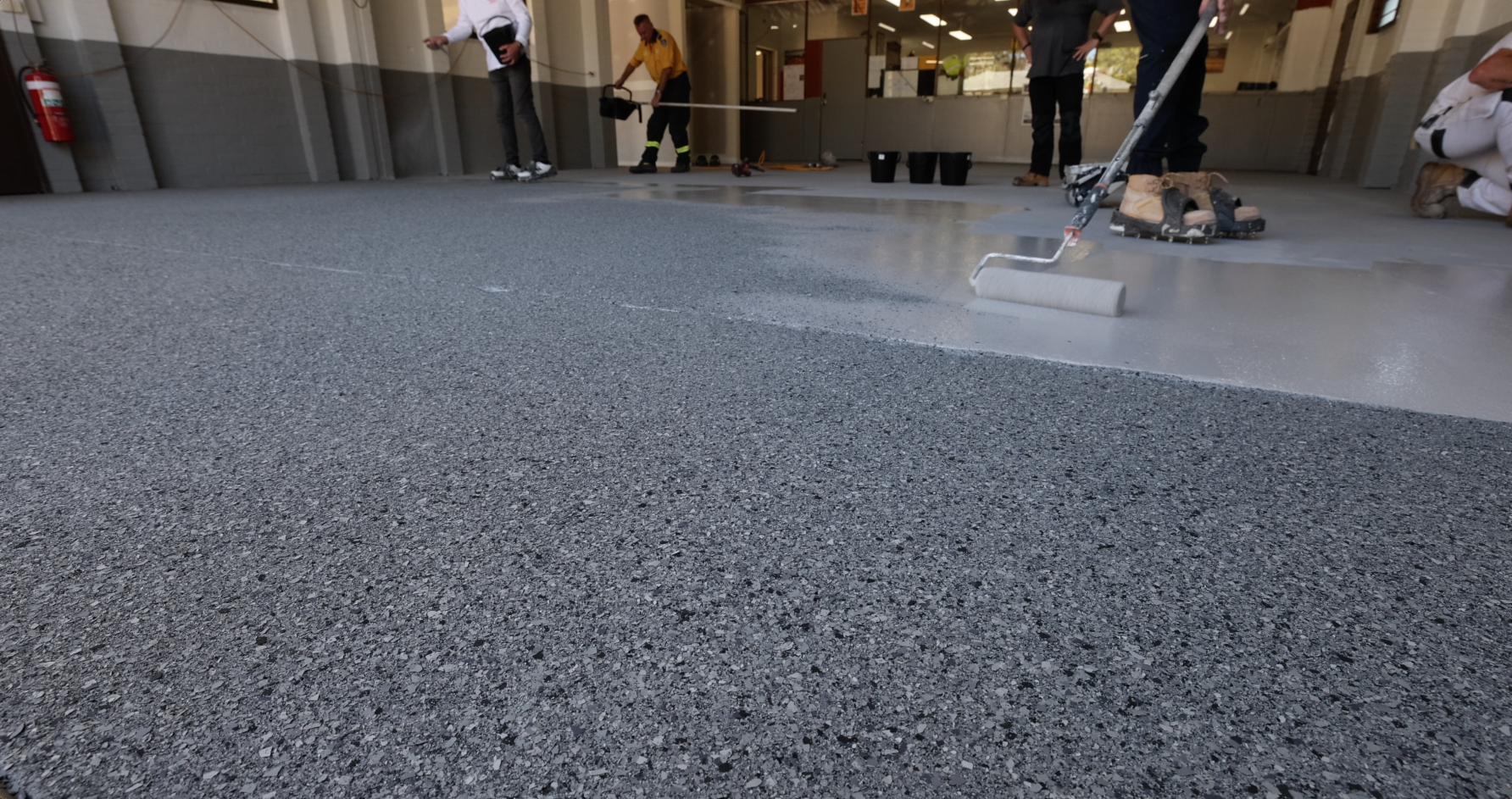 The Decorative Flakes are handcast over the base coat of Dulux Avista Waterbased Epoxy.