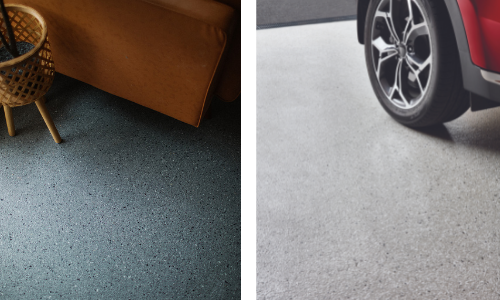 Dulux Avista Natural Stone Look Flakes in Night Fall with Endless Grey (L) and Natural Stone Look Flakes in Stone Monument with Grey Clouds Flake (R)